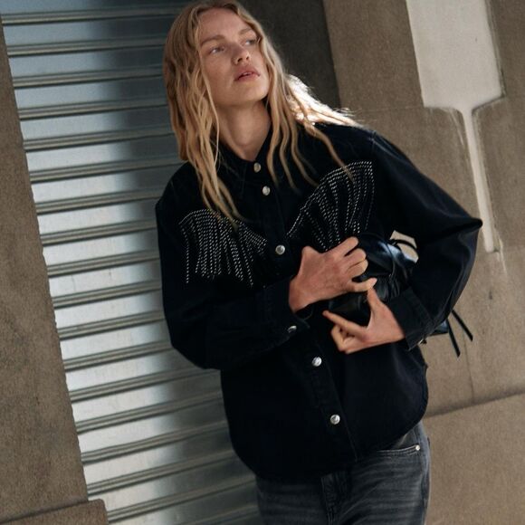 ZARA STUDDED FRINGED DENIM JACKET Z1975 - Picture 2 of 9